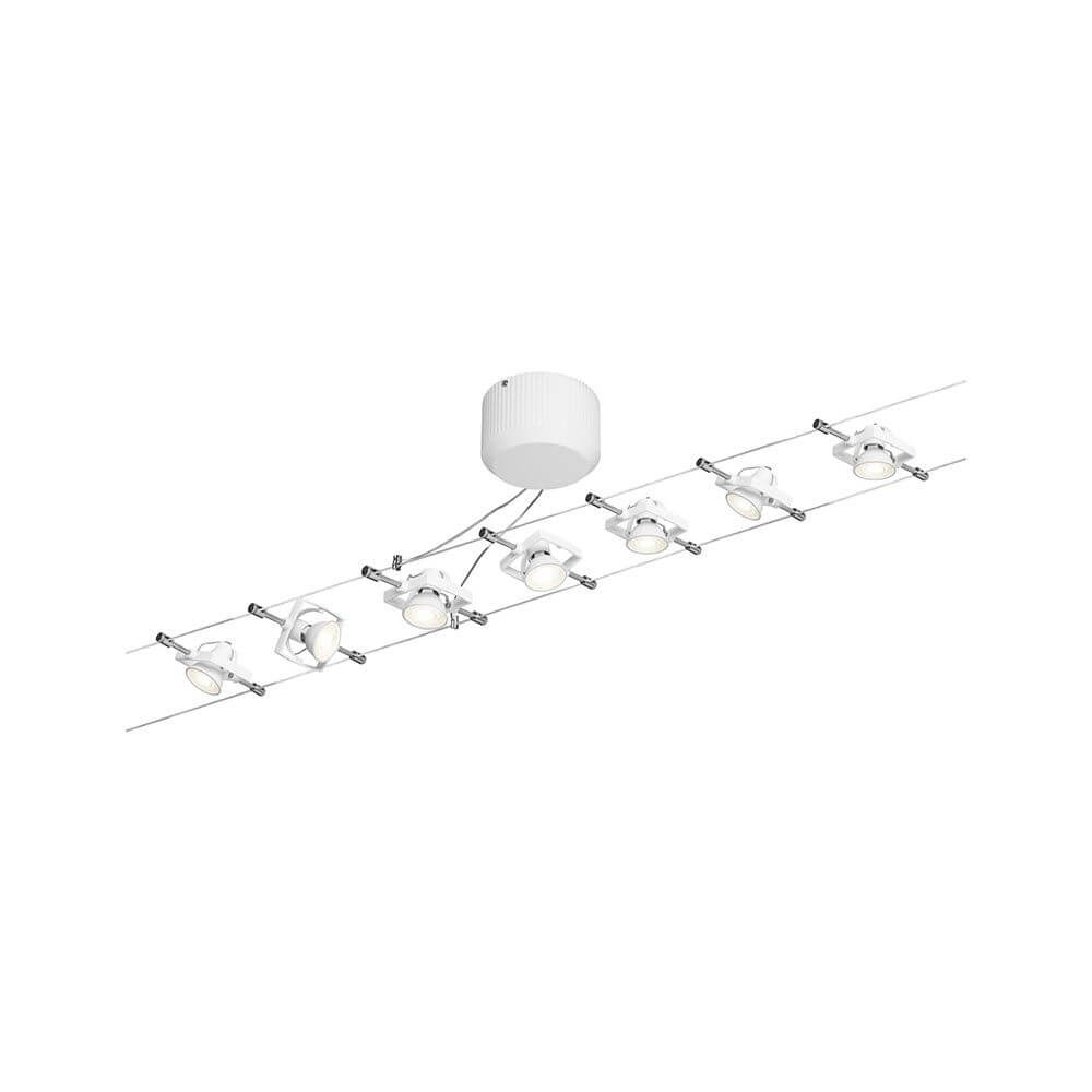 Seilsystem Tech Komplett-Set mit 7 Spots Weiß in modernem Design, montiert an Wand und Decke.
