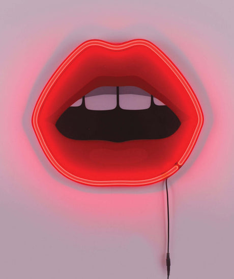 Alt Tag: Seletti Blow LED sign mouth acrylic luminous Pop Art wall object in lip shape with protruding tongue, red acrylic, Studio Job design