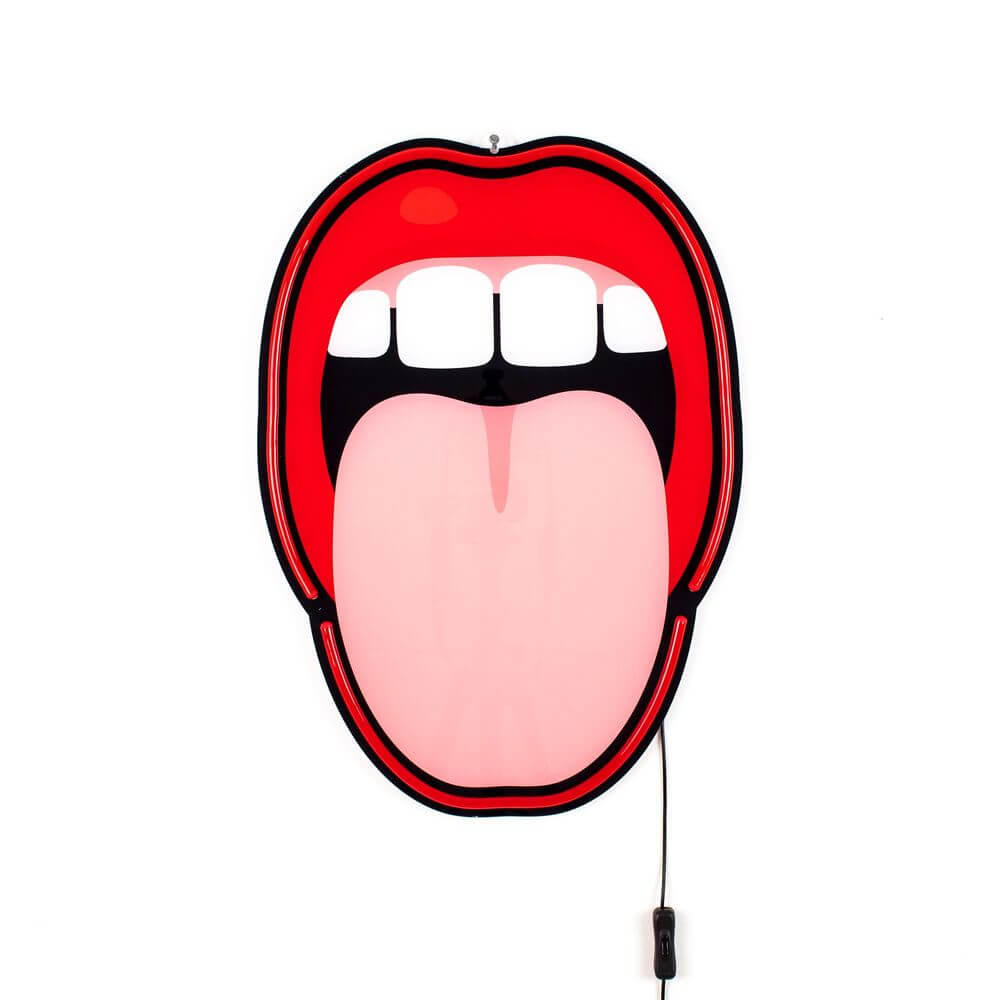 Seletti Blow LED-Wandleuchte Tongue Rot - rote Pop Art Wandlampe in Form eines geöffneten Mundes mit herausgestreckter Zunge