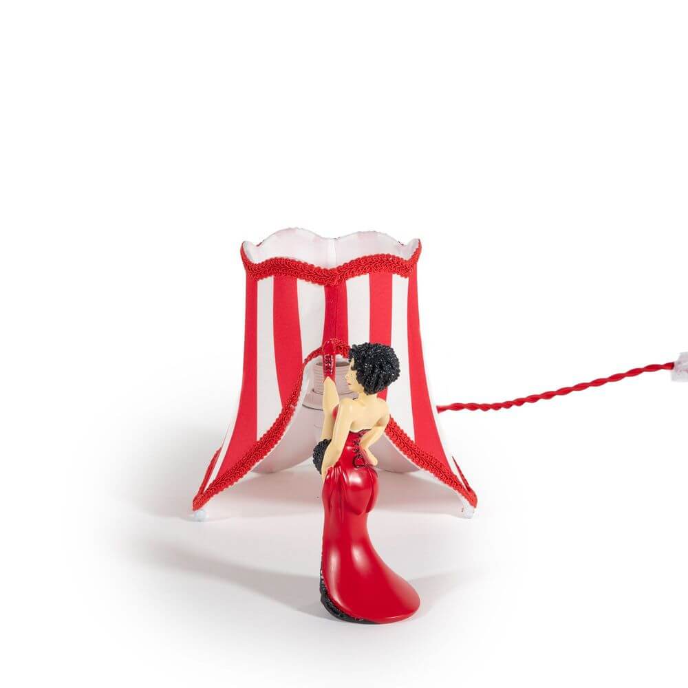 Seletti Circus Lucy Tischleuchte rote gestreifte Zirkus-Lampe mit Figur im Abendkleid, verspieltes Design von Uto Balmoral