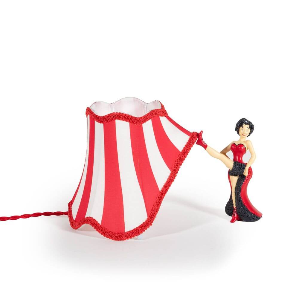 Seletti Circus Lucy Tischleuchte mit gestreiftem Lampenschirm und Figur, rot-weißes Zirkusdesign, dekorative Tischlampe
