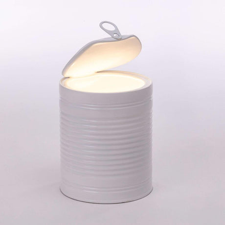 Lampe décorative Seletti Daily Glow Tomato LED-de décoration blanche en forme de boîte de conserve, en résine, avec couvercle ouvert et lumière indirecte chaude