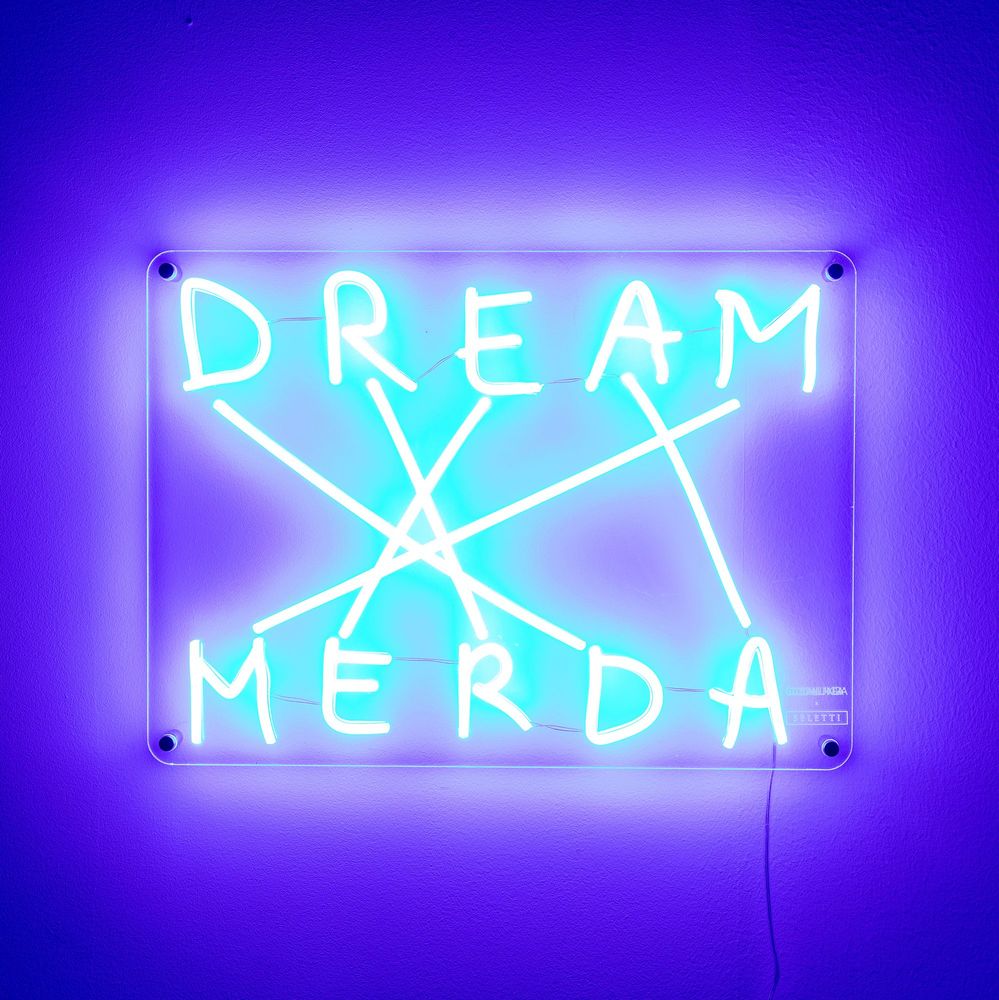 Seletti Dream-Merda LED-Wandleuchte dimmbar – leuchtendes Neon-Schild in Blau-Lila, Acryl-Silikon Wandlampe mit provokantem Design