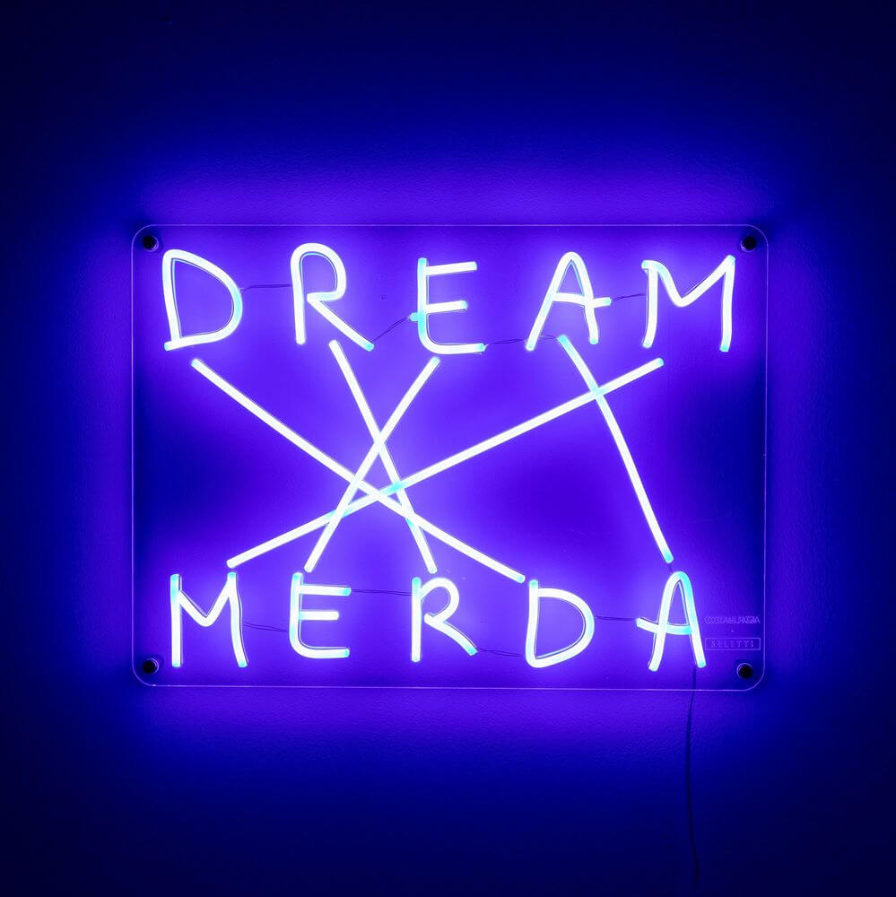 Seletti Dream-Merda LED-Wandleuchte dimmbar in violettem Neon-Design, acryl-silikon Wandlampe mit provokativem Schriftzug