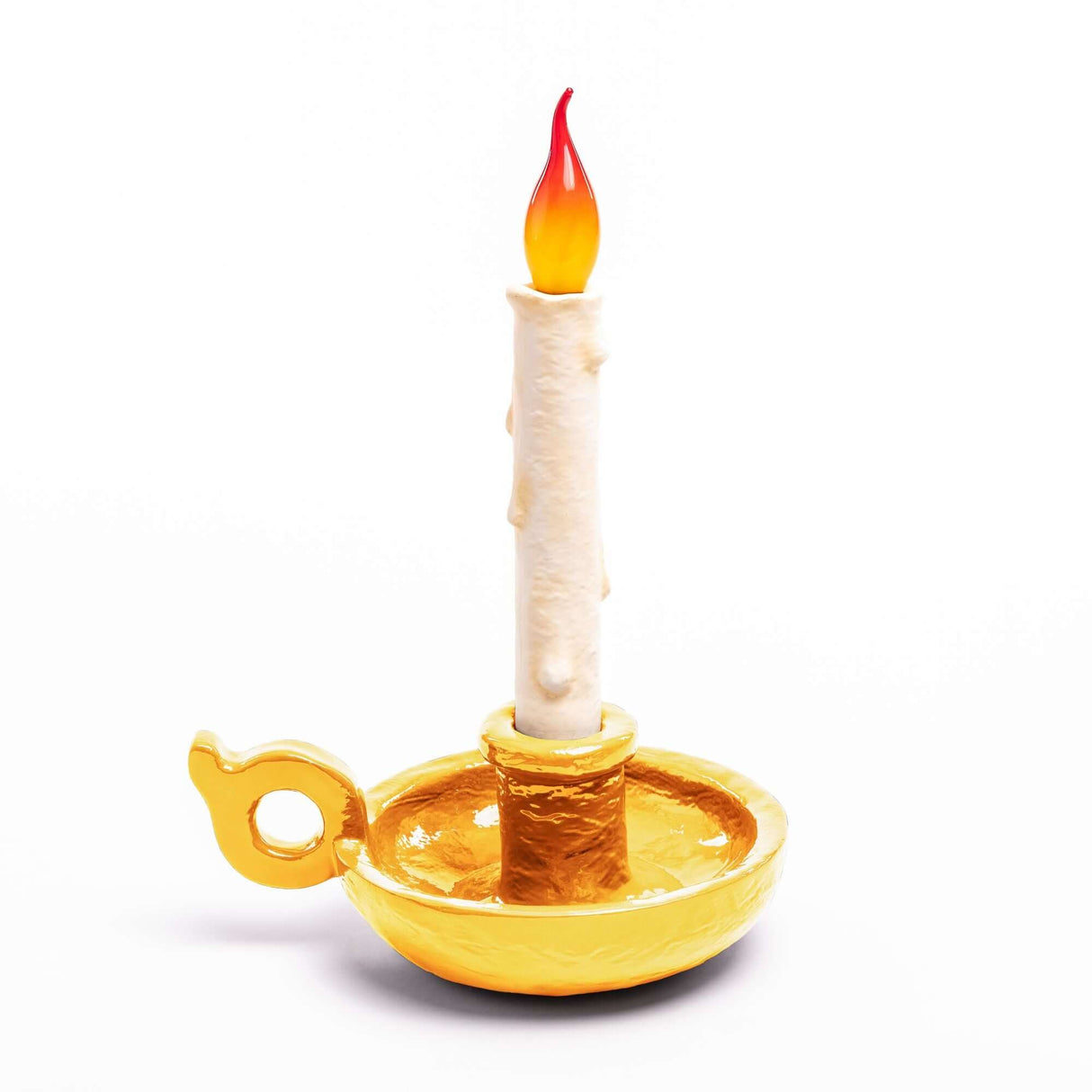 Seletti Grimm Akku-LED-Tischleuchte dimmbar in Kerzenleuchter-Design, goldfarbene Basis mit flackernder LED-Flamme