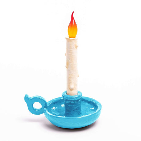 Seletti Grimm rechargeable dimmable table lamp white candle with blue candle holder and LED-flame, dimmable, design by Studio Job