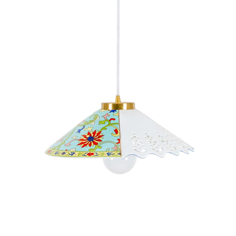 Seletti Hybrid Hängeleuchte Porzellan – weiße und gemusterte Porzellanlampe mit Stoffdetail und goldener Fassung