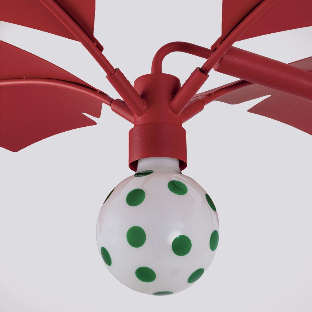 Seletti La Palma Stehleuchte 182cm Close-up der roten Metallpalme mit gepunkteter Leuchtkugel, Detailaufnahme Designobjekt von Kranen & Gille