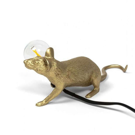 Lampe de table allongée USB Seletti Mouse Lop LED, souris dorée avec ampoule et câble.