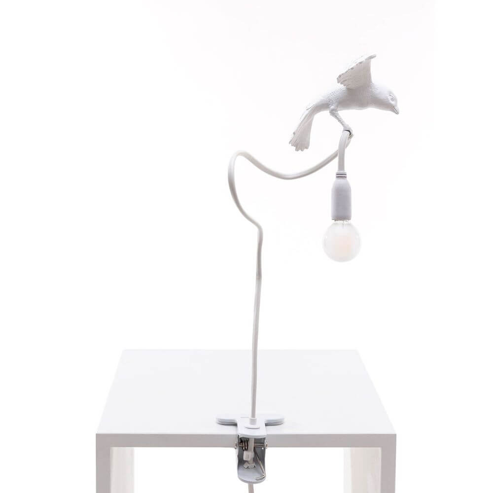 Seletti Sparrow Cruising Klemmleuchte USB weiße Tisch-Klemmleuchte mit Vogel aus Kunstharz und flexibler Arm, E14 Leuchte, Designerlampe