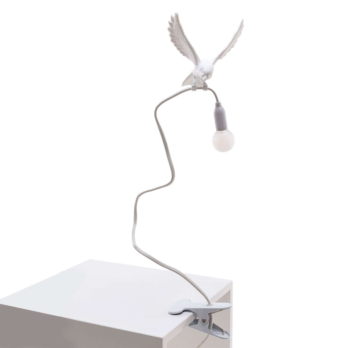 Seletti Sparrow Landing LED-Klemmleuchte USB Weiß - weiße Vogel-Klemmleuchte mit LED und flexiblem Schwanenhals als Designobjekt