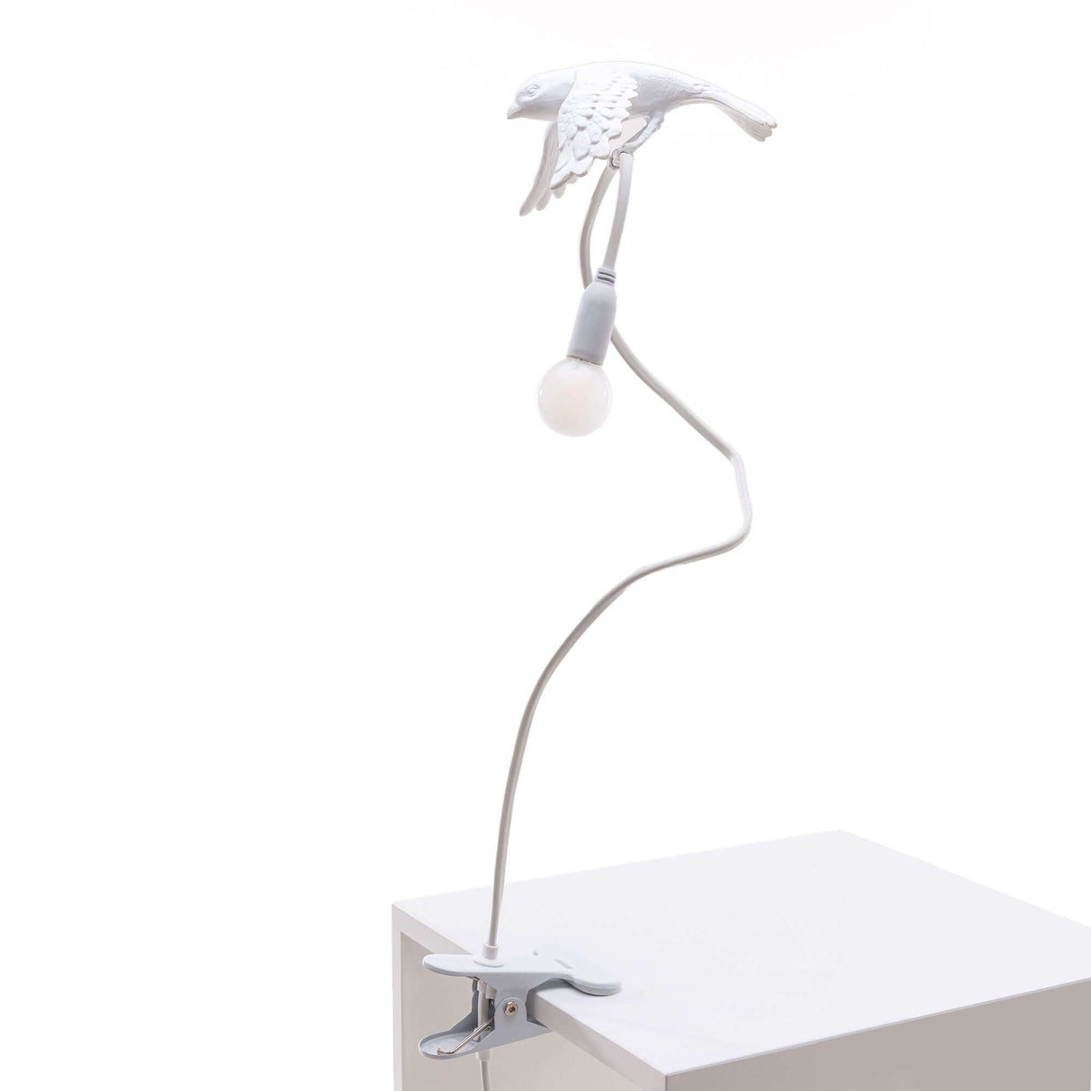 Seletti Sparrow Taking-Off Klemmleuchte Vogel Design USB weiße Vogel-Klemmleuchte mit Birne, Metallstiel und detailliertem Resin-Design