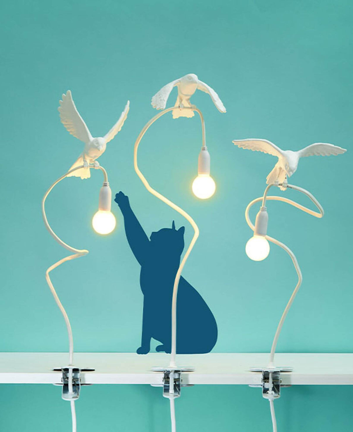 Seletti Sparrow Taking-Off Klemmleuchte Vogel Design USB weiße Spatz-Klemmleuchte mit Glühbirnen und Katzen-Schatten