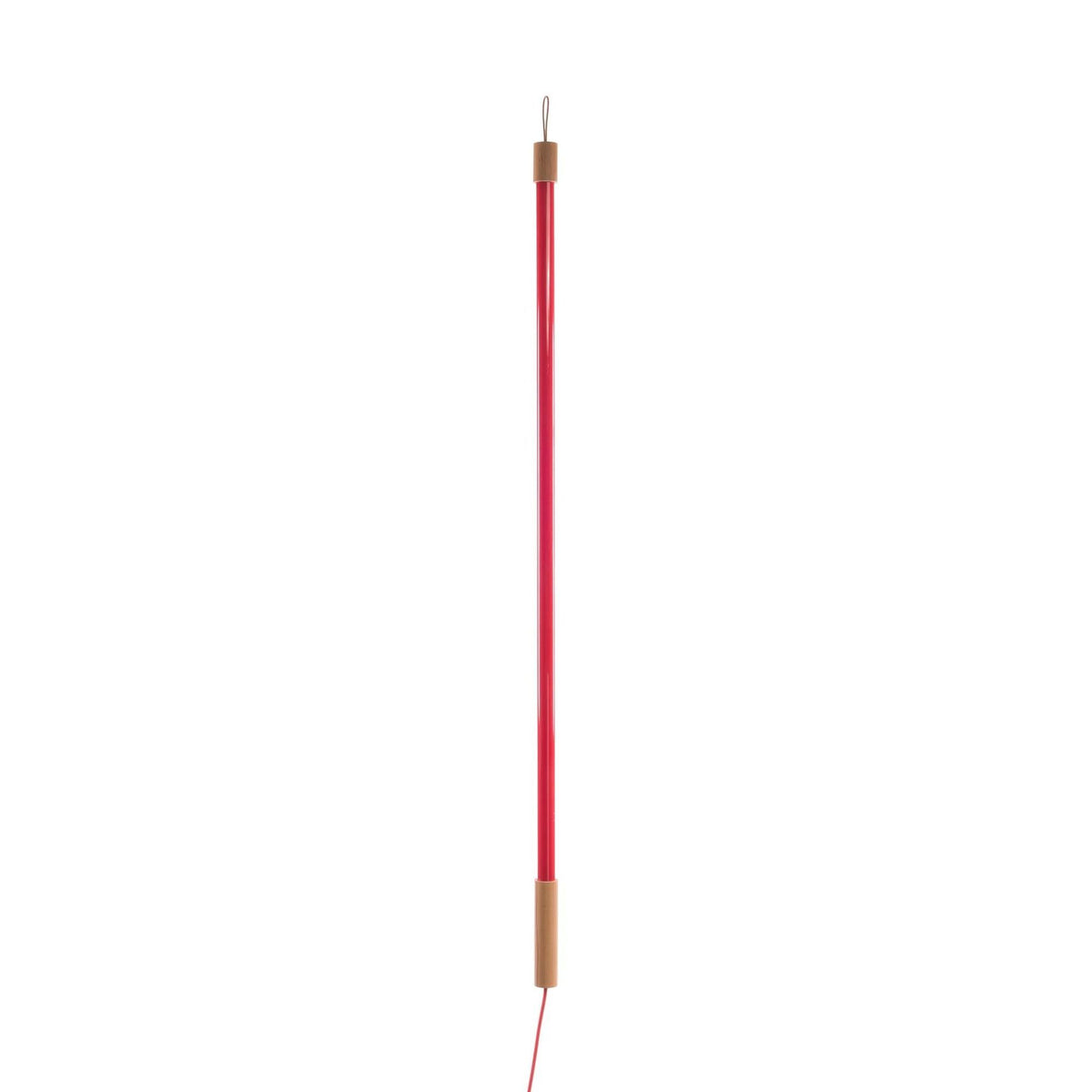 Seletti Superlinea LED-Leuchte 141cm, schlanke vertikale Neonröhre in Rot mit Holzgriff, Frontalansicht