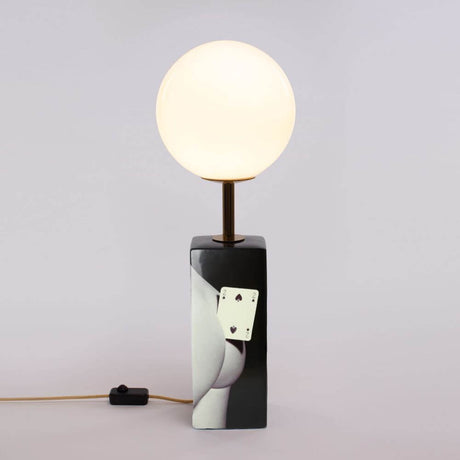 Seletti Toiletpaper Two of Spades LED table lamp on decorative base with luminous sphere and card motif