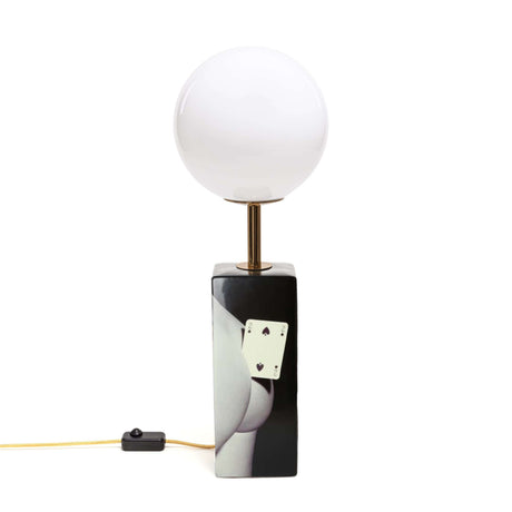 Seletti Toiletpaper Two of Spades LED table lamp with round white shade and artistic black-and-white base with two of spades card