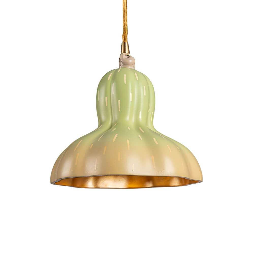 Seletti Vitamin Pumpkin 2 Pendelleuchte in grün-gold, Kürbisförmige Kunstharz-Hängeleuchte mit goldfarbener Innenseite