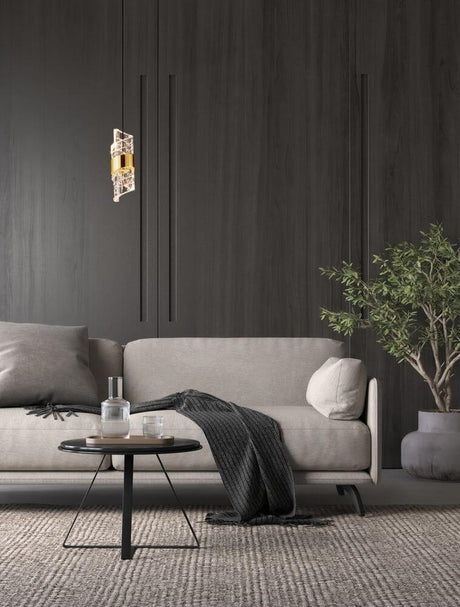 Seneca LED Pendelleuchte Ø 6,5cm 3000K Schwarz, Gold in modernem Wohnzimmer über dem Sofa