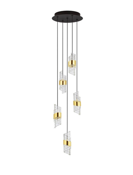 Seneca LED Pendel 5-pære Ø 30cm 3000K sort, guld med elegant design og guldaccenter