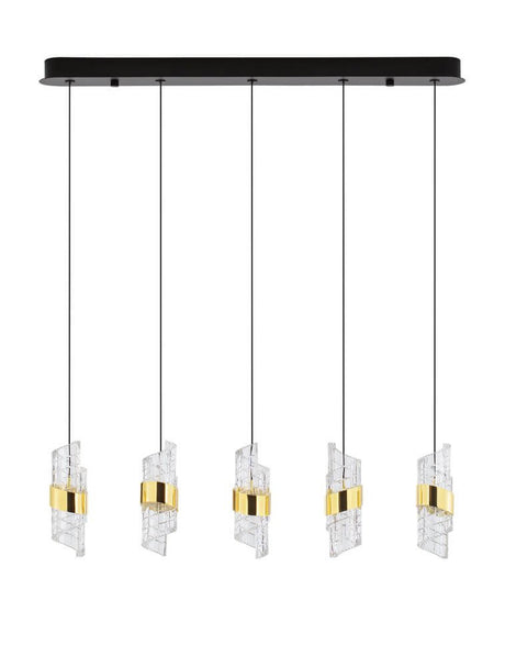 Seneca LED pendant light bar 82cm 5-light 3000K black, gold with clear accents and a matte black design.