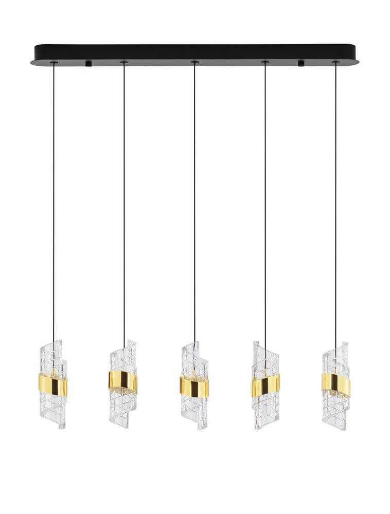 Seneca LED Pendelleuchte Balken 82cm 5-flammig 3000K Schwarz, Gold mit klaren Akzenten und mattschwarzem Design.