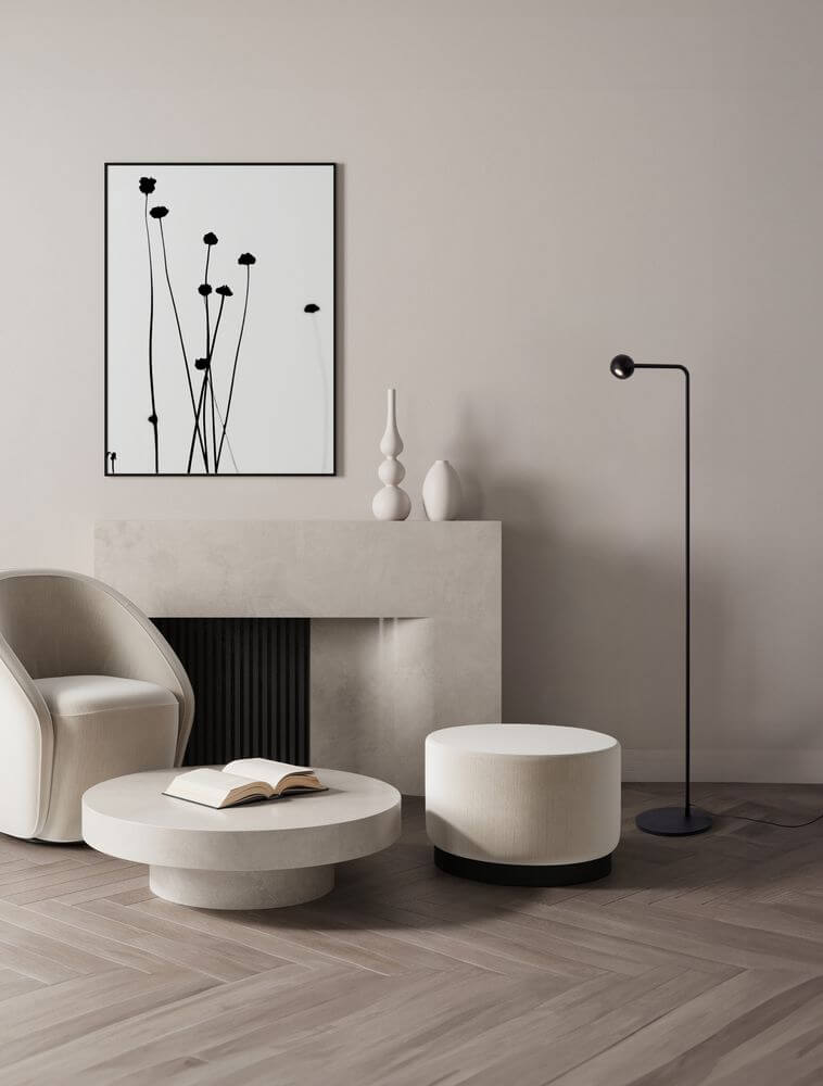 Sfera Stehlampe 3000K Schwarz in modernem Wohnraum mit runder Tisch- und Sesselgestaltung