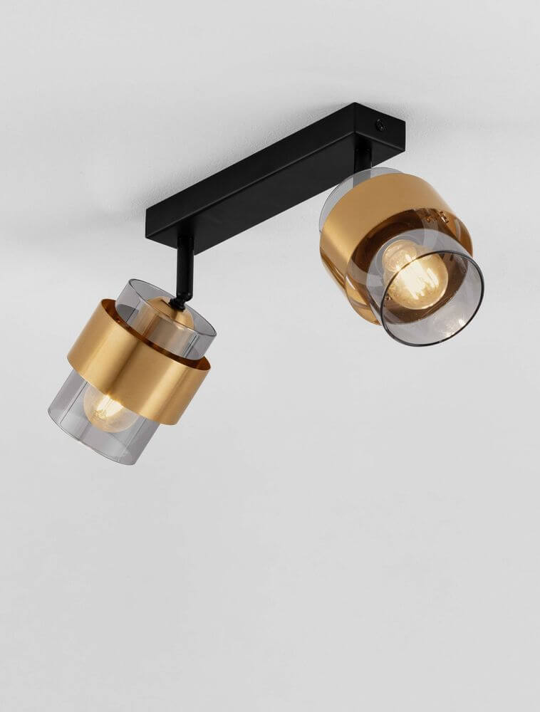 Sianna Deckenleuchte 2-flammig Schwarz, Gold mit retro Lampenköpfen und beeindruckenden Lichteffekten.
