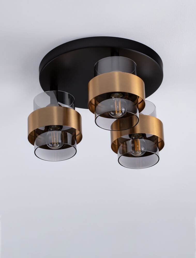 Sianna Deckenleuchte 3-flammig Ø 37cm Gold, Rauch, Schwarz – moderne Deckenleuchte mit gebürstetem Messingring und rauchfarbenen Gläsern