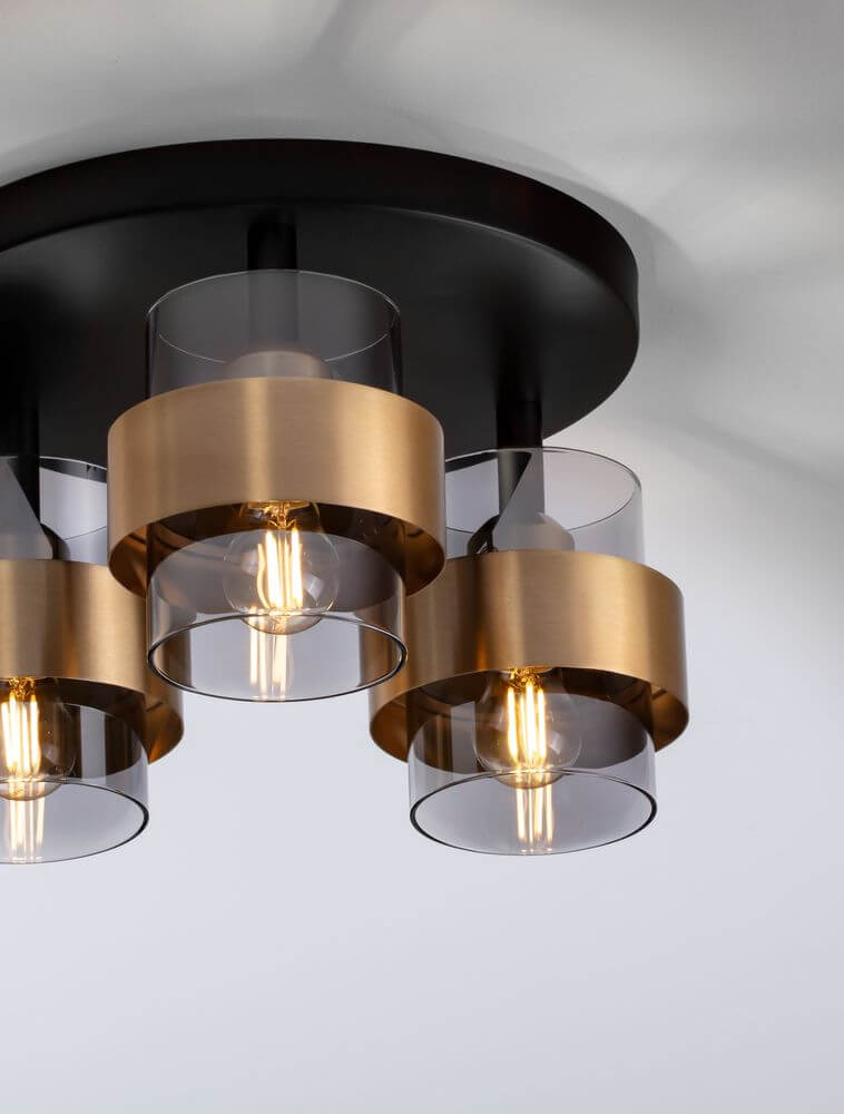 Sianna Deckenleuchte 3-flammig Ø 37cm Gold, Rauch, Schwarz - moderne Deckenleuchte mit goldenen Ringen und rauchfarbenen Glaslampenschirmen