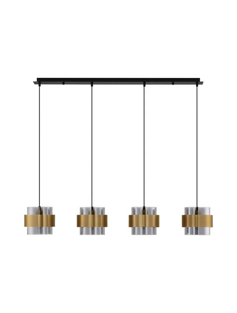 Sianna Pendelleuchte 4-flammig Gold, Rauch, Schwarz – moderne Pendelleuchte mit schwarzem Metall und rauchfarbenem Glas.