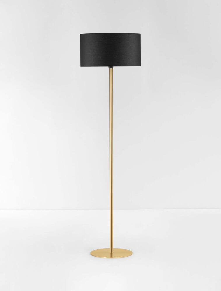 Sibnia Stehlampe E27 Ø 45cm mit schwarzem Lampenschirm und goldfarbenem Schaft für stilvolle Beleuchtung.