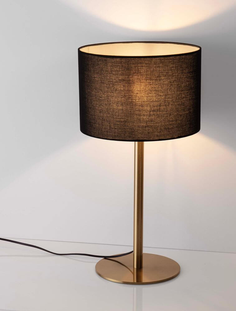 Sibnia Tischleuchte E27 Ø 30cm – schwarze Stofftischlampe mit goldenem Ständer, modernes zeitloses Design für Wohn- und Schlafzimmer