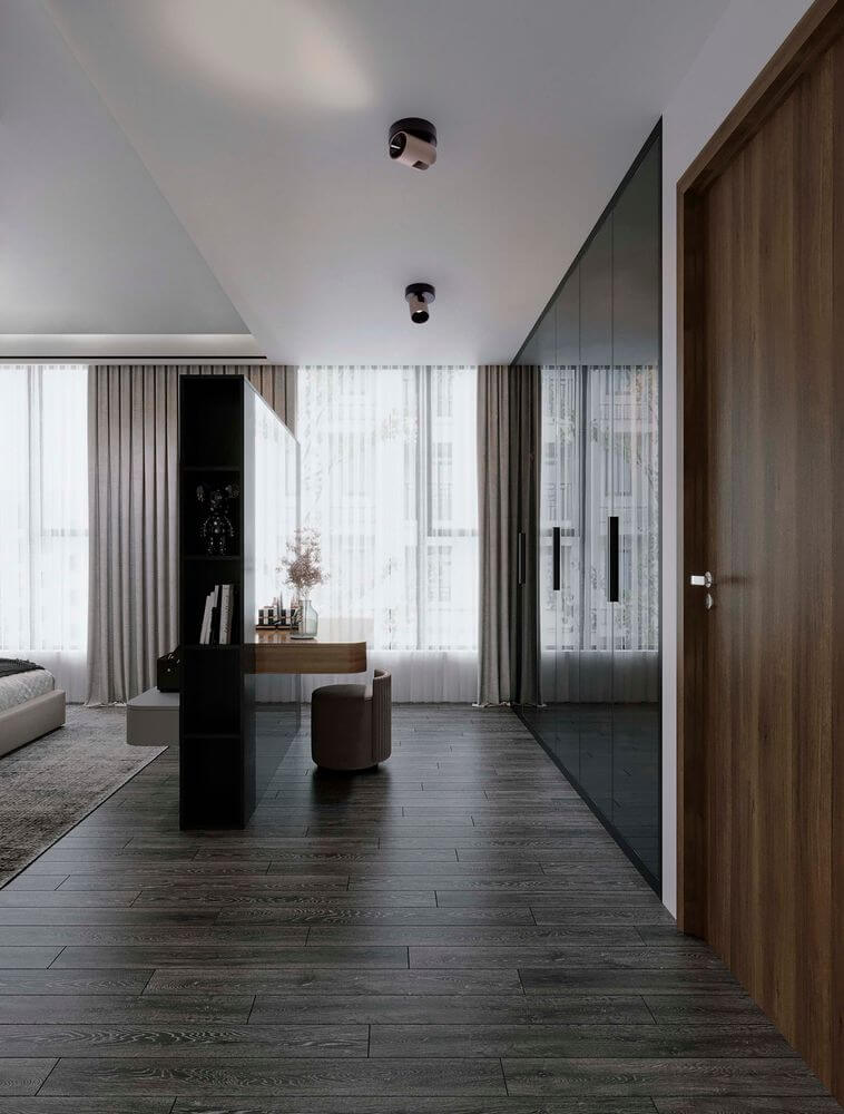 Sirmos LED Deckenleuchte 3000K Schwarz, Braun in modernem Innenraum mit Holz- und Glaselementen.