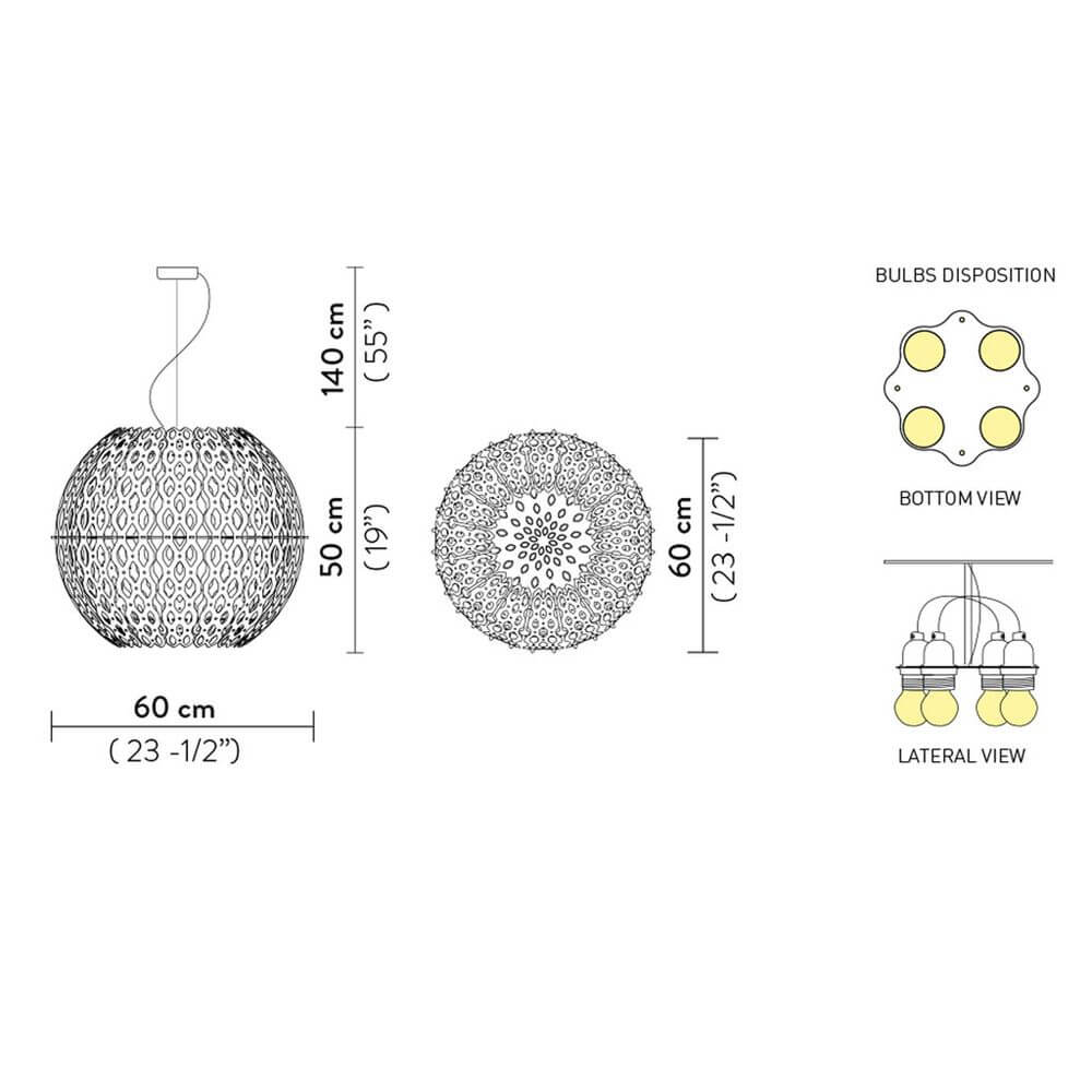 Technische Zeichnung der Slamp Hängelampe Charlotte Globe Weiß 60cm Ø mit Ansichten und Maßen.