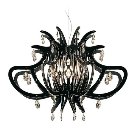 Lampada a sospensione Slamp Medusa nera con cristalli e struttura radiale.