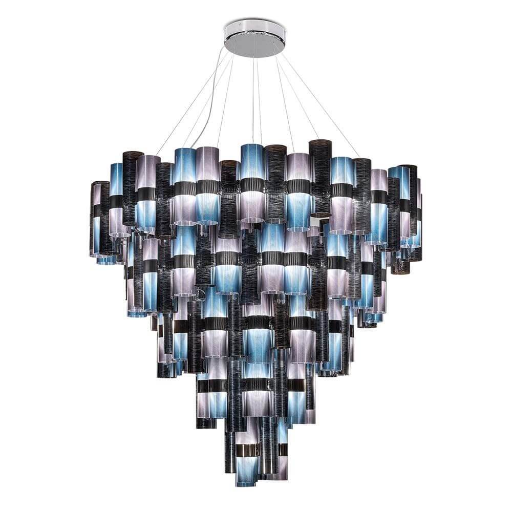 Slamp LED Hängeleuchte La Lollona 5 Ø 130cm mit bunten Zylindern in geometrischem Design.