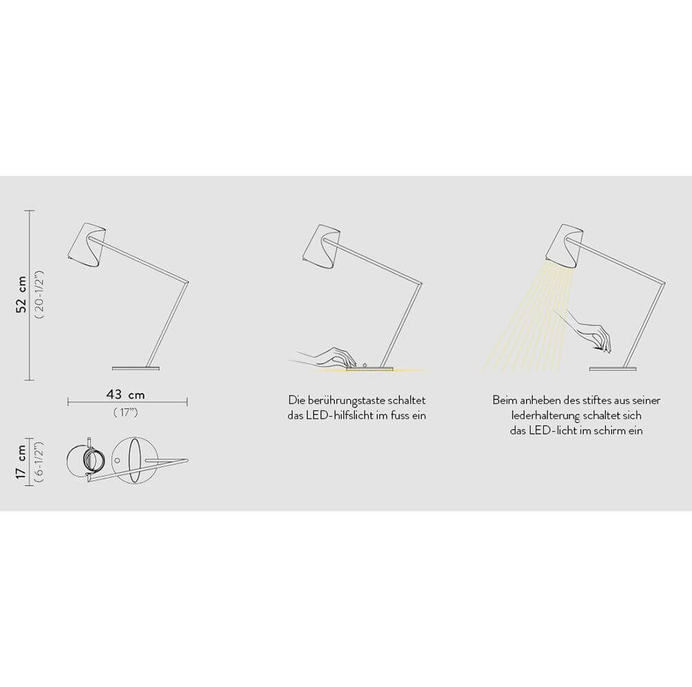 Slamp LED Schreibtischlampe Overlay & Montblanc Meisterstück Le Grand Funktionsdiagramm mit Maßen und Bedienungshinweisen.
