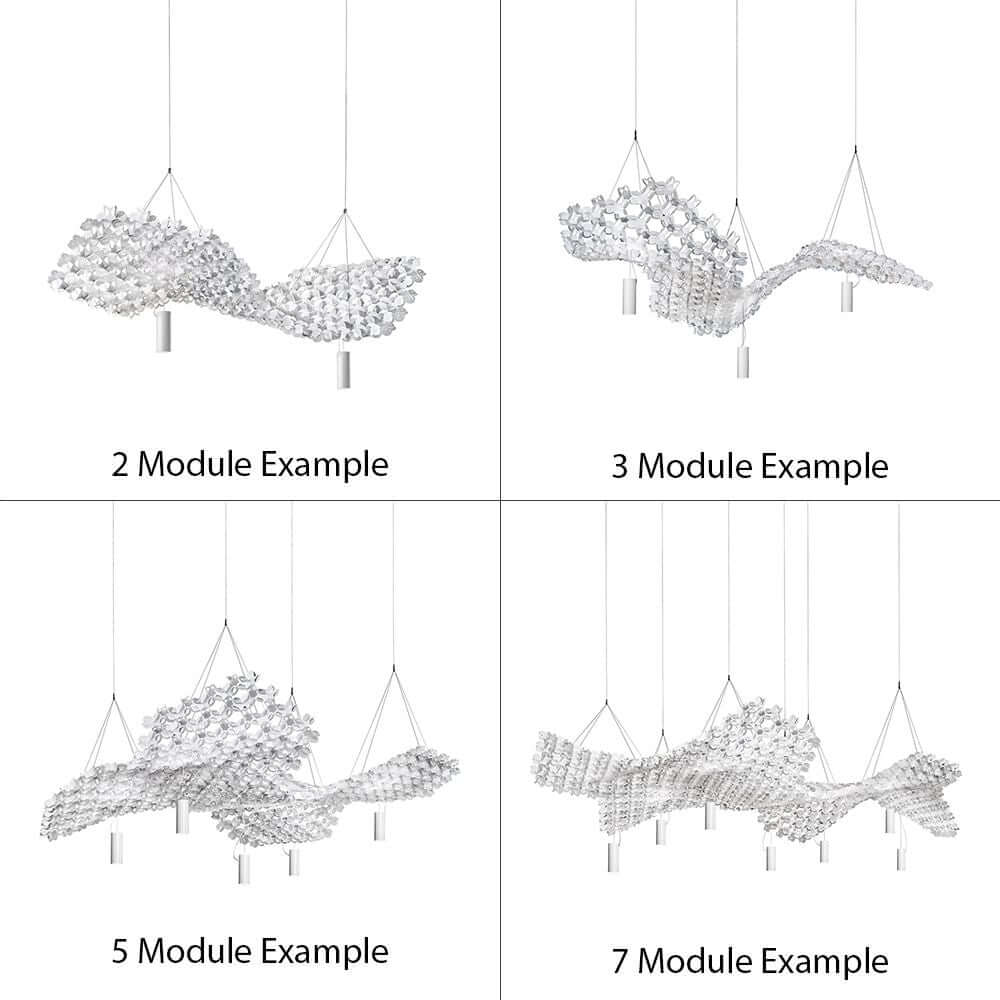 Slamp Nuvem Canopy Baldachin für 6 Anschlüsse Weiß, Beispiele mit 2, 3, 5 und 7 Modulen.