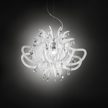 Luz pendente Slamp Lillibet branca com design elegante e adornos de cristal, perfeita para espaços sofisticados.