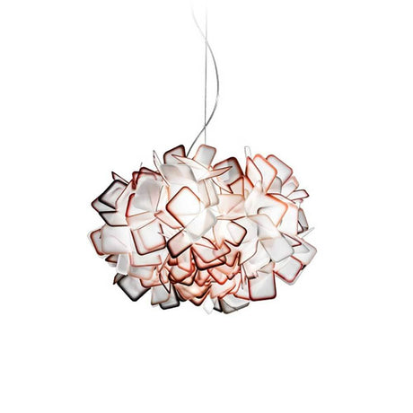 Slamp edele Pendellampe Clizia Medium Ø 53cm mit komplex verschlungenen Kunststoffschirmen, die an Blumen erinnern.