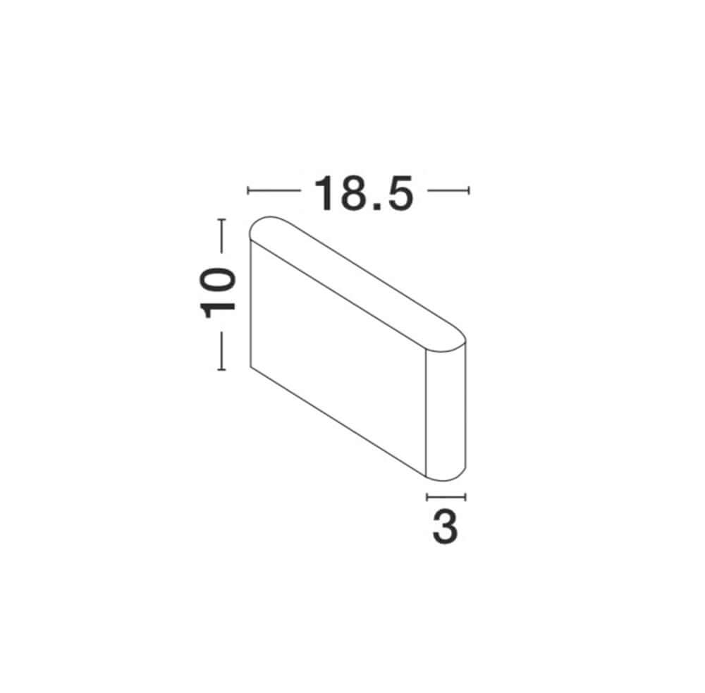 Abbildung eines rechteckigen Objekts mit den Maßen 18.5 x 10 x 3 cm, skizzenhaft dargestellt.