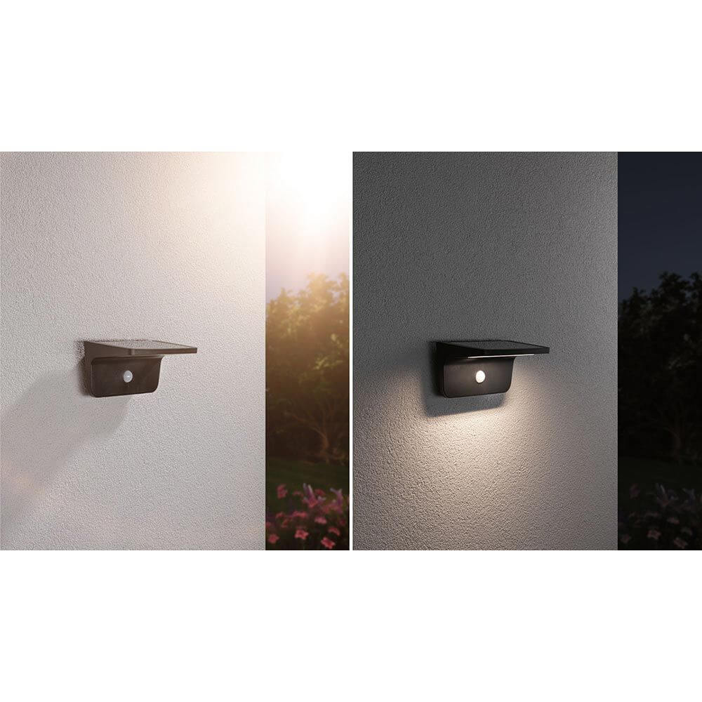 Solar LED Außenwandampe Cyrus, anthrazit, mit Orientierungslicht für die Dämmerung und Funktionslicht bei Bewegung.