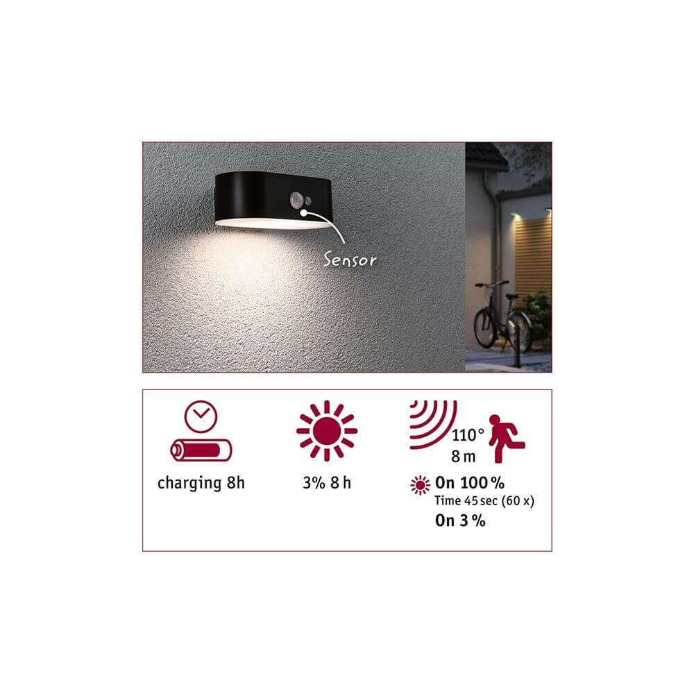 Solar LED Außenwandleuchte Adya Sensor Schwarz