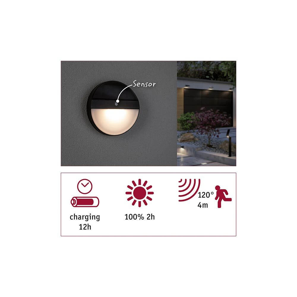 Solar LED Außenwandleuchte Elios Sensor Anthrazit IP44 mit Sensor und Ladeinformationen.