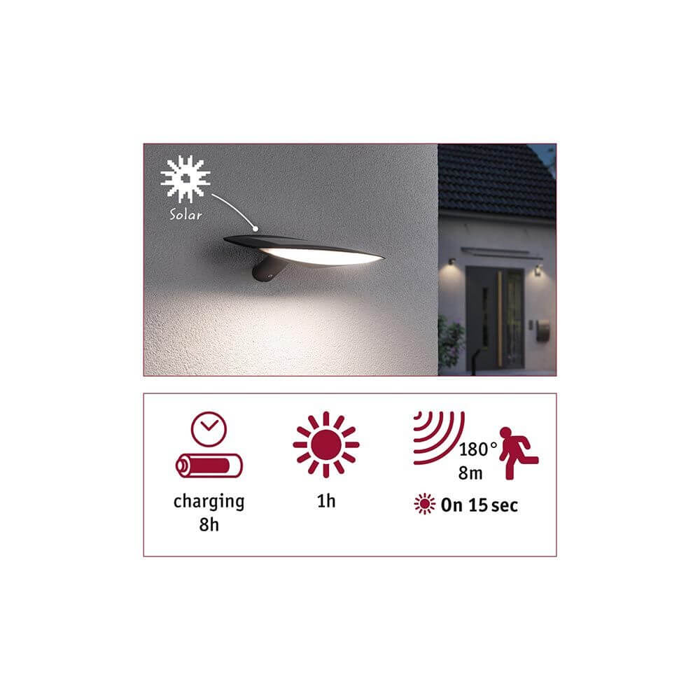 Solar LED Wandleuchte Kiran mit Bewegungssensor, 180 lm, anthrazit, zeigt Lade- und Betriebszeiten.