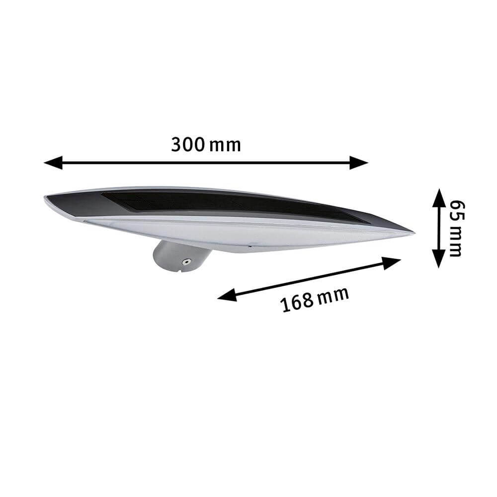 Solar LED Außenwandleuchte Kiran Bewegungssensor Weiß mit Abmessungen 300 mm x 65 mm x 168 mm.