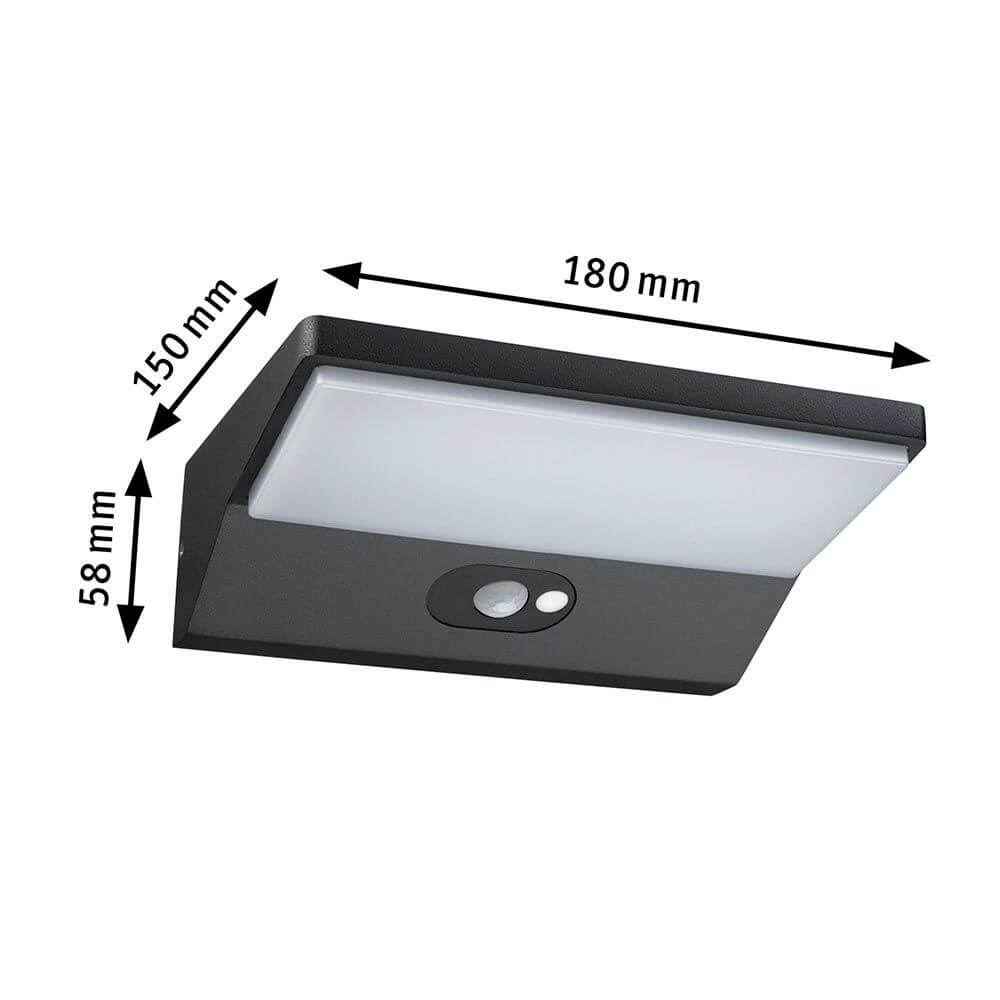 Solar LED Außenwandleuchte Ronas mit Sensor Dunkelgrau, Maße: 180 mm x 150 mm x 58 mm, ideal für Außenbereiche.