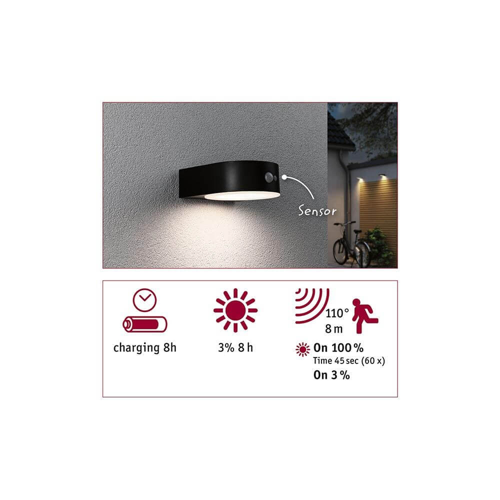 Solar LED Außenwandleuchte Eileen Sensor Schwarz mit Sensor, Ladezeiten und Lichtverteilung.