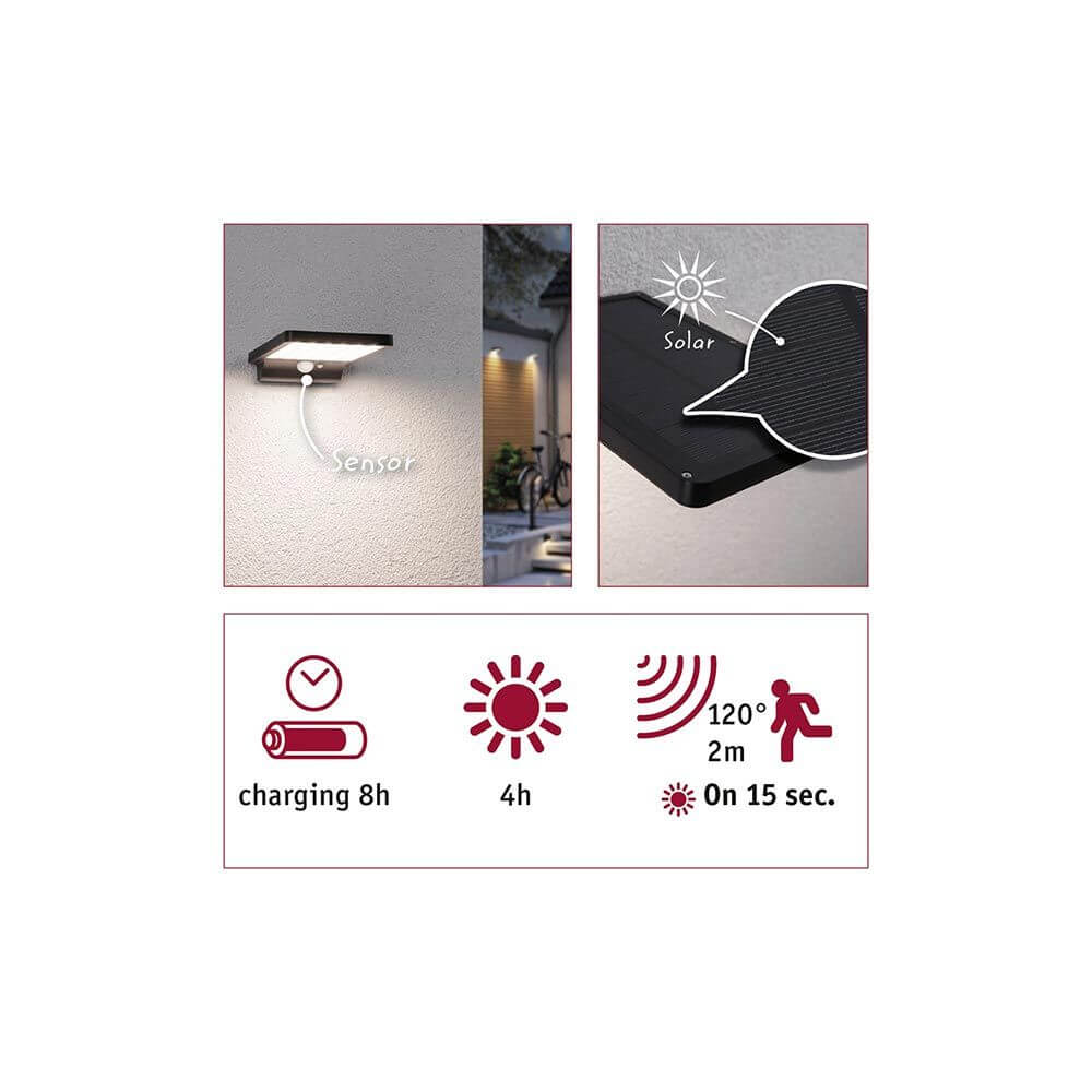 LED Solar Außenwandleuchte Solveig mit Bewegungssensor für effektive Außenbeleuchtung und Solartechnologie.