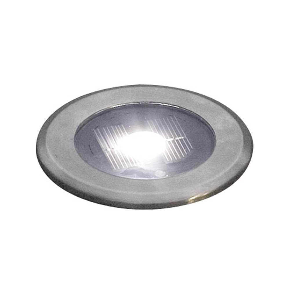 Solar LED Bodenspot aus Edelstahl mit klarem Glas, ideal für Gartenbeleuchtung und Akzentlichter.